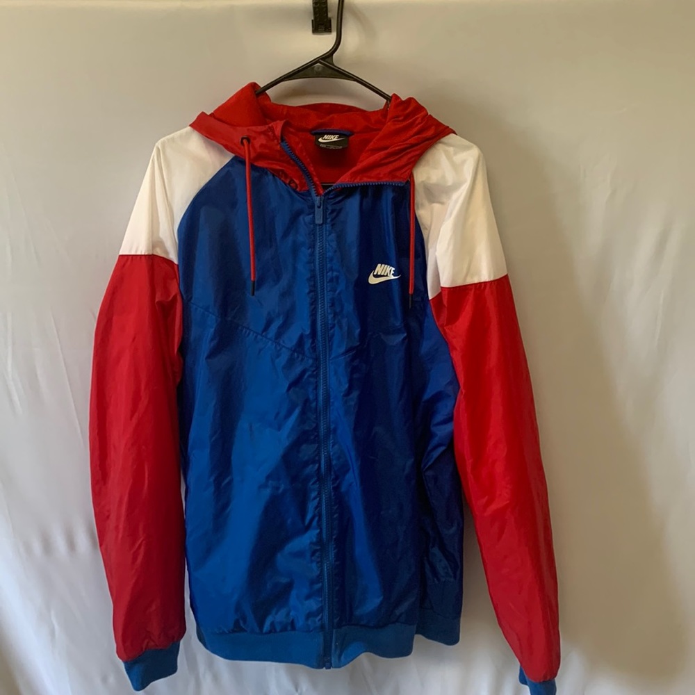 Mens Nike windbreaker/ rain jacket, XL, blue/red/white.